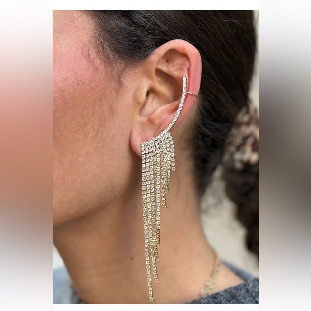 New Silver Rhinestone Fringe Climber/Crawler/Cuff Post Earring Left Bridal Party